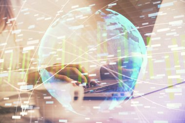 Kadın elinin bilgisayar ve iş temalı hologram çizimlerinde çok fazla pozlanması. Başarı konsepti.