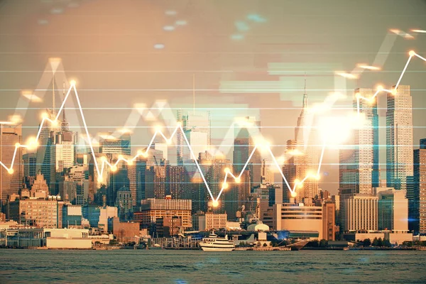 Forex-Graph auf Stadtansicht mit Wolkenkratzern Hintergrund Doppelbelichtung. Finanzanalysekonzept. — Stockfoto