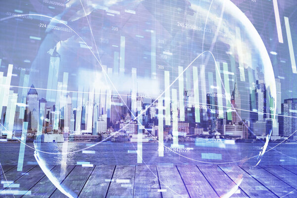 Double exposure of business theme hologram drawing and city veiw background. Concept of success.