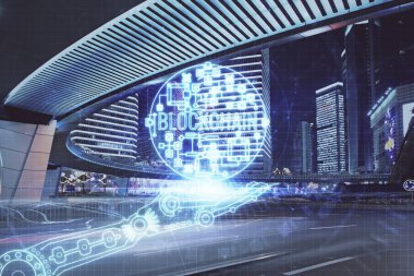Kripto para birimi temalı hologram çizimine ve şehrin arka planına çoklu maruz kalma. Engelleme zinciri ve bitcoin kavramı.