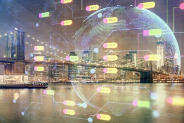 Veri temalı hologram gökdelenler arka planda çoklu pozlama ile şehir görünümüne çizim yapıyor. Ai kavramı.