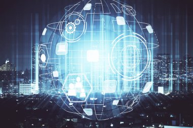 Sosyal ağ tema çizimi ve şehir manzarası arka planının çoklu pozlandırılması. Bağlantı insanları kavramı.