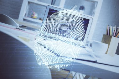 Ofisteki bilgisayarın parmak izi çizimi. Çifte maruziyet. İş veri güvenliği kavramı.