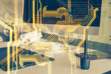 Bilgisayar, teknoloji temalı hologramla birlikte ofiste. Çoklu maruz kalma. Teknoloji kavramı.