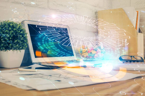 Multi exposure of desktop with personal computer and tech theme drawing. Concept of Bigdata. — Stock Photo, Image