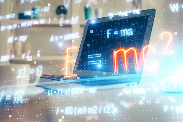 Desktop computer background and formula hologram writing. Double exposure. Education concept. — Stock Photo, Image