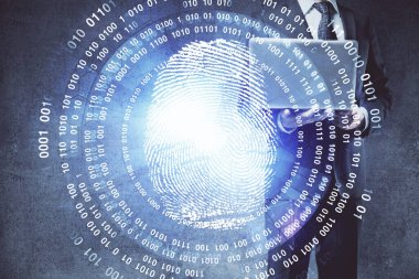 Arka planda bilgisayar üzerinde çalışan iş adamı ile parmak izi hologramı. Güvenlik kavramı. Çift pozlama.