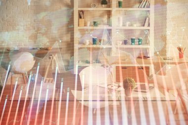 Finansal grafik çizimine ve ofis içi arka planına çifte maruz kalma. Borsa konsepti.