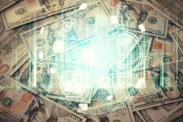 Multi esposizione di social network disegnando sopra di noi dollari sfondo fattura. Concetto di connessione di persone. — Foto Stock