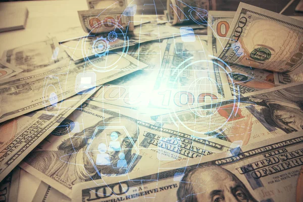 Мультиэкспозиция социальных сетей, рисующих поверх нас долларовые банкноты фон. Концепция связи людей. — стоковое фото