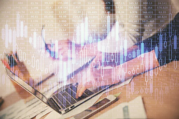 Multi exposure of woman hands typing on computer and financial chart hologram drawing. Stock market analysis concept. — Stock Photo, Image