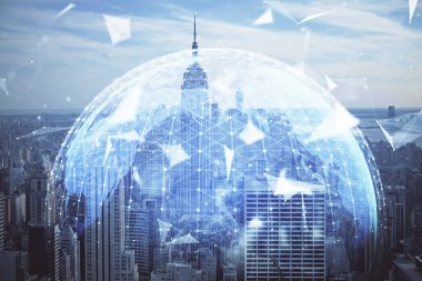 İş temalı hologram çizimine ve şehrin arka planına çifte maruz kalma. Başarı kavramı.