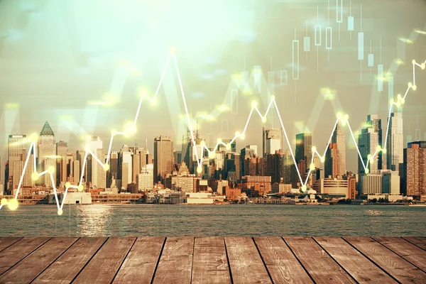 Forex-Graph auf Stadtansicht mit Wolkenkratzern Hintergrund Multi-Exposure. Finanzanalysekonzept. — Stockfoto