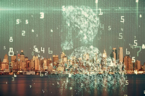 Datové téma hologram kreslení na pohled na město s mrakodrapy pozadí dvojité expozice. Ai koncept. — Stock fotografie