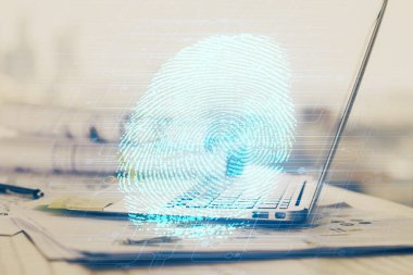 Ofisteki bilgisayarın parmak izi çizimi. Çifte maruziyet. İş veri güvenliği kavramı.