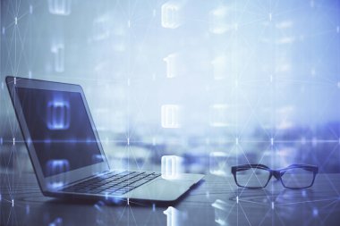 Bilgisayar ve teknoloji temalı holograma çifte maruz kalma. Serbest çalışma kavramı.