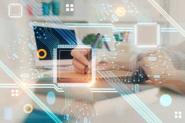 Teknoloji kodlama hologramıyla kadın elinin arka planda çoklu pozlanması. Veri kavramı.