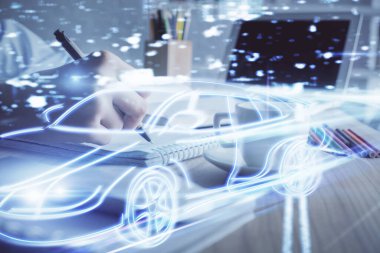 Teknik otomatik pilot temalı hologram, kadınların elleri üzerinde not alıyor. Yüksek teknoloji kavramı. Çift pozlama