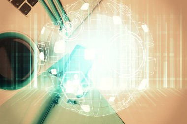 Masaüstü arkaplanındaki bilgisayar üzerinden sosyal ağ hologramı çizimleri. Üst Manzara. Çoklu maruz kalma. İnsanlarla bağlantı kavramı.