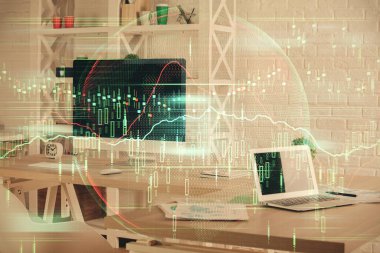 Finansal grafik çizimine ve ofis içi arka planına çifte maruz kalma. Borsa konsepti.