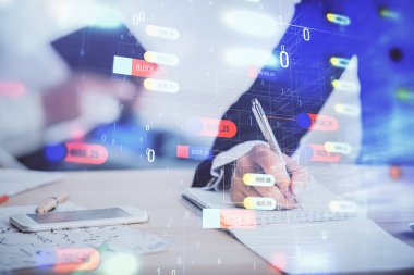 Veri temalı çizimin arka plan yazan insanların üzerine çifte pozlanması. Teknoloji kavramı