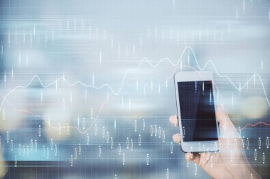 Ön x çizelgesine çift pozlama, hologram çizimi ve cep telefonu kullanan bir kadın. Borsa konsepti.