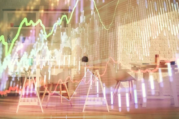 Double exposure of financial graph drawing and office interior background. Concept of stock market. — Stock Photo, Image