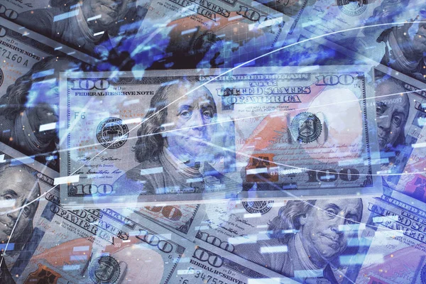 Double exposure of data theme drawing over us dollars bill background. Technology concept. — Stock Photo, Image