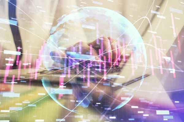 Double exposure of businesswoman hands typing on computer and financial graph hologram drawing. Stock market analysis concept. — Stock Photo, Image