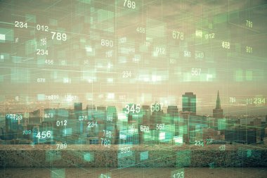 Veri temalı hologram gökdelenlerin arka planında çift pozlama ile şehir görünümüne çizim yapıyor. Teknoloji konsepti.