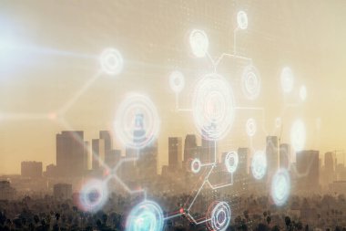 Veri temalı hologram gökdelenler arka planda çoklu pozlama ile şehir görünümüne çizim yapıyor. Büyük veri kavramı.