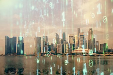 Veri temalı hologram gökdelenler arka planda çoklu pozlama ile şehir görünümüne çizim yapıyor. Büyük veri kavramı.