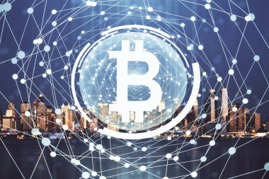 Kripto para birimi temalı hologram çizimine ve şehrin arka planına çoklu maruz kalma. Engelleme zinciri ve bitcoin kavramı.