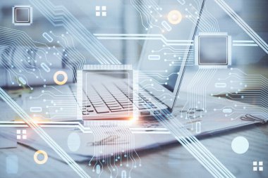 Dizüstü bilgisayar ve teknoloji temalı holograma çifte maruz kalma. Serbest çalışma kavramı.