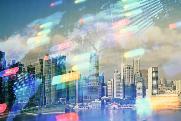 Datenthema Hologramm Zeichnung auf Stadtansicht mit Wolkenkratzern Hintergrund Mehrfachbelichtung. Bigdata-Konzept. — Stockfoto
