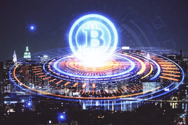 Multi expozice kryptoměna téma hologram kreslení a město veiw pozadí. Koncepce blockchain a bitcoin. — Stock fotografie