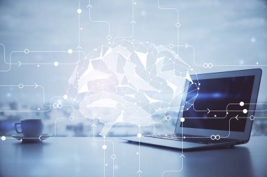 Bilgisayar ve insan beyin hologramıyla çalışma alanının çoklu açığı. Beyin fırtınası konsepti.