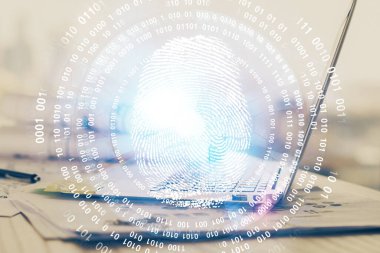 Ofisteki bilgisayarın parmak izi çizimi. Çifte maruziyet. İş veri güvenliği kavramı.