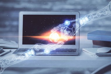 Bilgisayar ve teknoloji temalı çizimlere çifte maruz kalma. Yenilik kavramı.