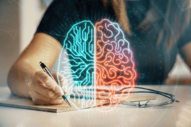 Arka plana beyin hologramıyla el yazısı yazan kadınların çoklu pozları. Beyin fırtınası kavramı.
