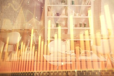 Finansal grafik çizimine ve ofis içi arka planına çifte maruz kalma. Borsa konsepti.