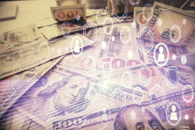 Sosyal ağların çoklu pozlanması bize dolar banknotları veriyor. İnsanlarla bağlantı kavramı.