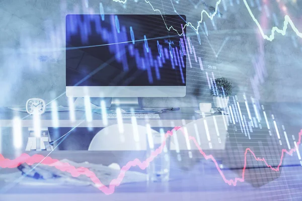 Multi exposure of financial graph drawing and office interior background. Concept of market analysis.