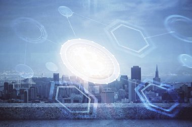 Kripto para birimi temalı hologram çizimi ve şehrin veiw arka planına çift pozlama. Engelleme zinciri ve bitcoin kavramı.