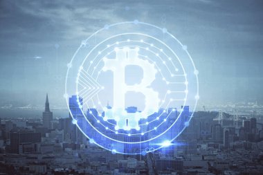Kripto para birimi temalı hologram çizimi ve şehrin veiw arka planına çift pozlama. Engelleme zinciri ve bitcoin kavramı.