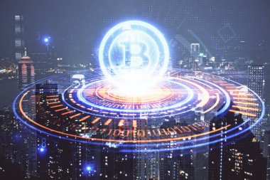 Kripto para birimi temalı hologram çizimine ve şehrin arka planına çoklu maruz kalma. Engelleme zinciri ve bitcoin kavramı.