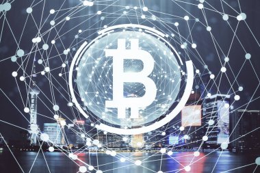 Kripto para birimi temalı hologram çizimine ve şehrin arka planına çoklu maruz kalma. Engelleme zinciri ve bitcoin kavramı.