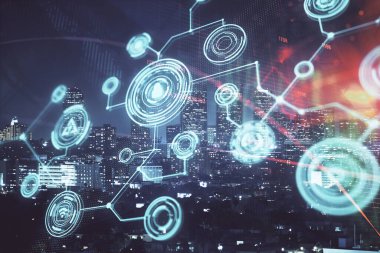 Sosyal ağ tema çizimi ve şehir manzarası arka planının çoklu pozlandırılması. Bağlantı insanları kavramı.