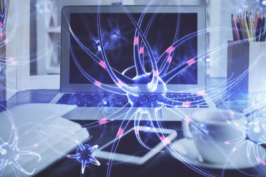 Masaüstü bilgisayar arkaplanı ve nöron çizimi. Çifte maruziyet. Eğitim kavramı.