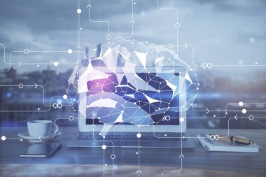 Bilgisayar ve insan beyin hologramıyla çalışma alanının çoklu açığı. Beyin fırtınası konsepti.